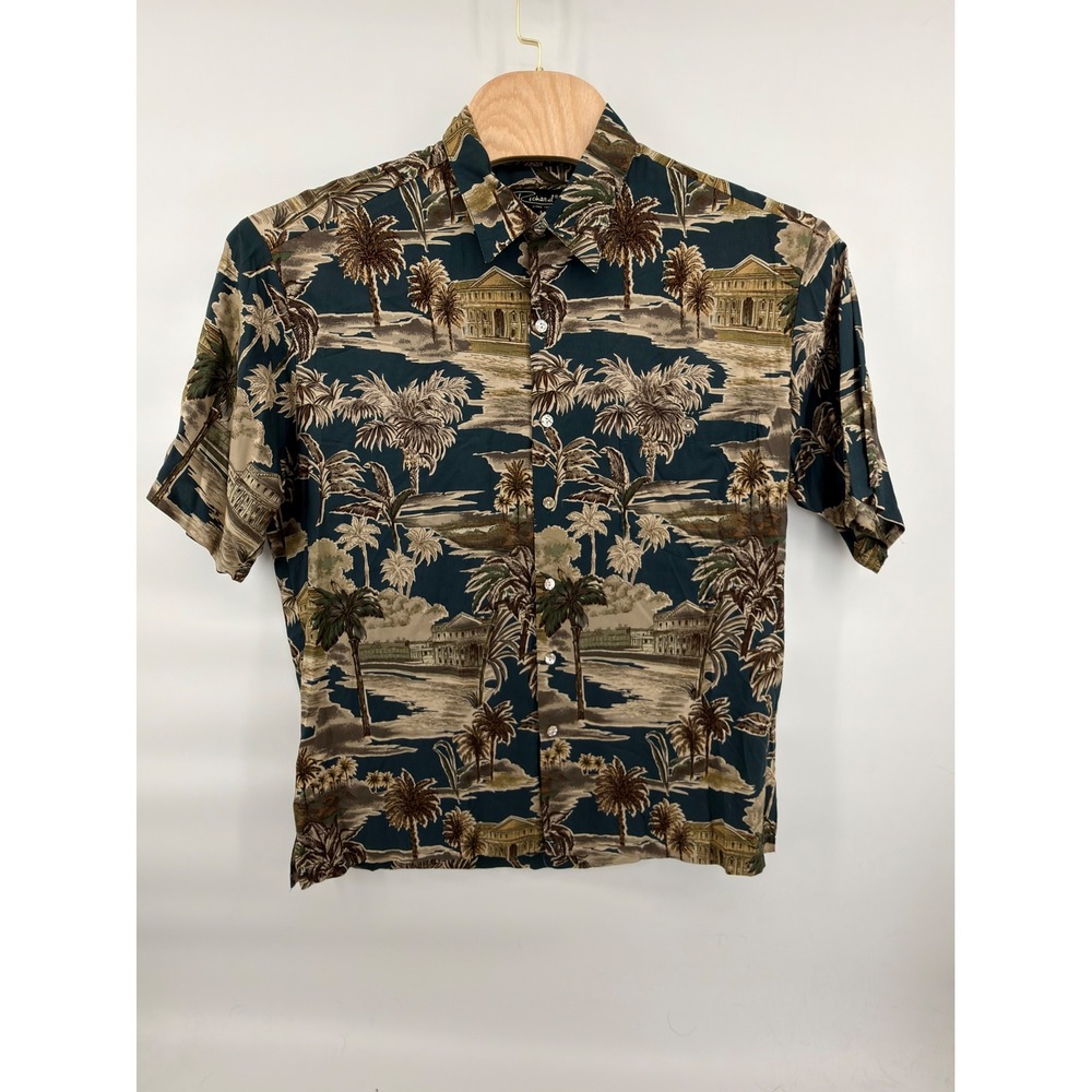 Tori Richard Mens Large Vintage Hawaiian Shirt Architectural Palm‎ Tree Viscose